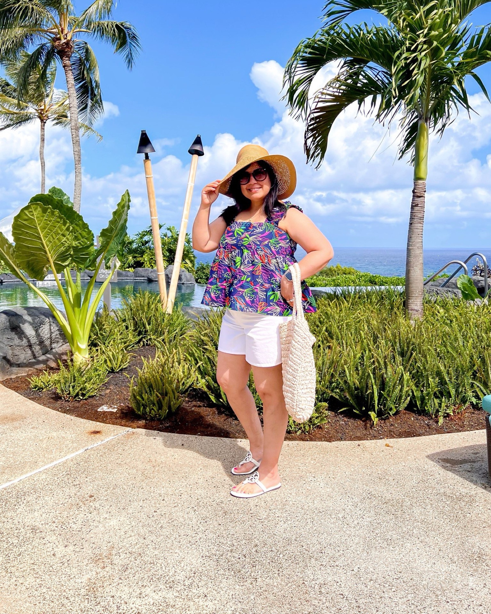 Vacation outfit! Avara top size large. Abercrombie white denim shorts size 32. Tory Burch Miller Soft sandals true to size.  J. Crew straw beach hat. Amazon sunglasses. Great for resort wear and any tropical vacation! 

Use code ANITA15 for 15% off your first purchase at Avara! 

#LTKTravel #LTKSaleAlert #LTKMidsize