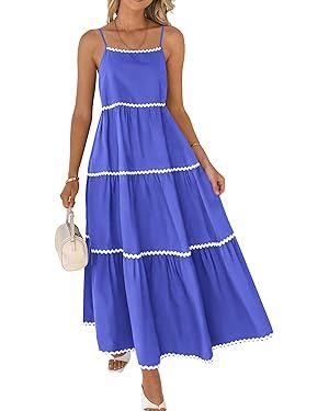 BTFBM Boho Summer Dresses 2024 Vacation Spaghetti Strap Backless RIC Rac Trim Tiered A-Line Long ... | Amazon (US)