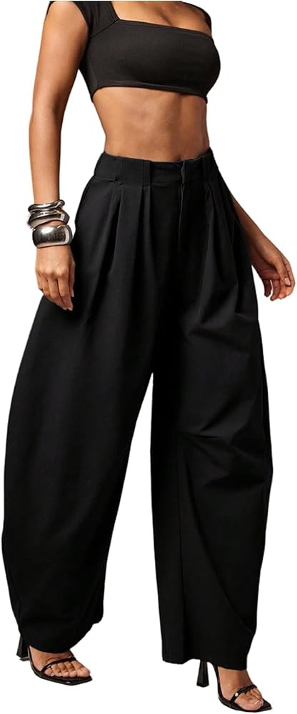 Women's Baggy Dress Pants Pleated Wide Leg Barrel Pants Elegant High Waisted Business Casual Trou... | Amazon (US)