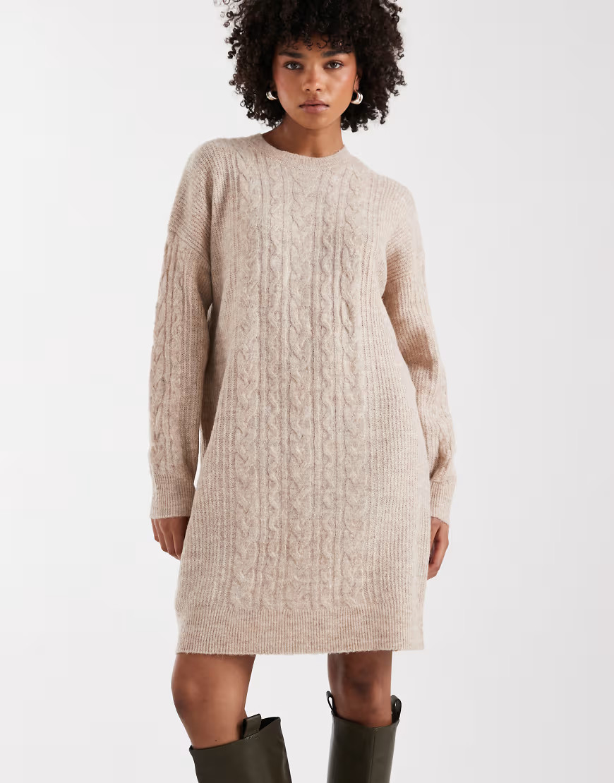 Pieces cable knitted mini dress in beige melange-Neutral | ASOS (Global)
