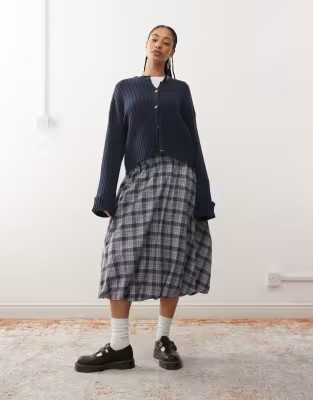 Reclaimed Vintage midi skirt with bubble hem in gray and blue plaid | ASOS | ASOS (Global)