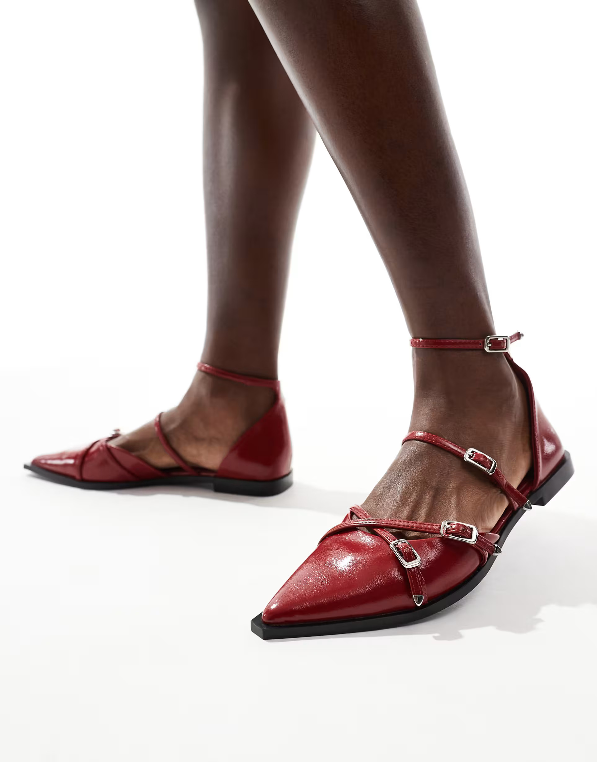 Stradivarius pointed ballet shoe with buckles in red | ASOS (Global)