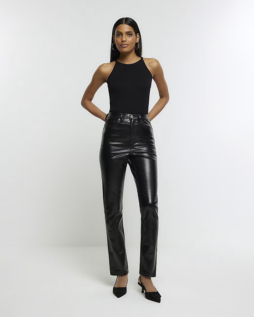 Black high waisted slim straight coated jeans | River Island (UK & IE)