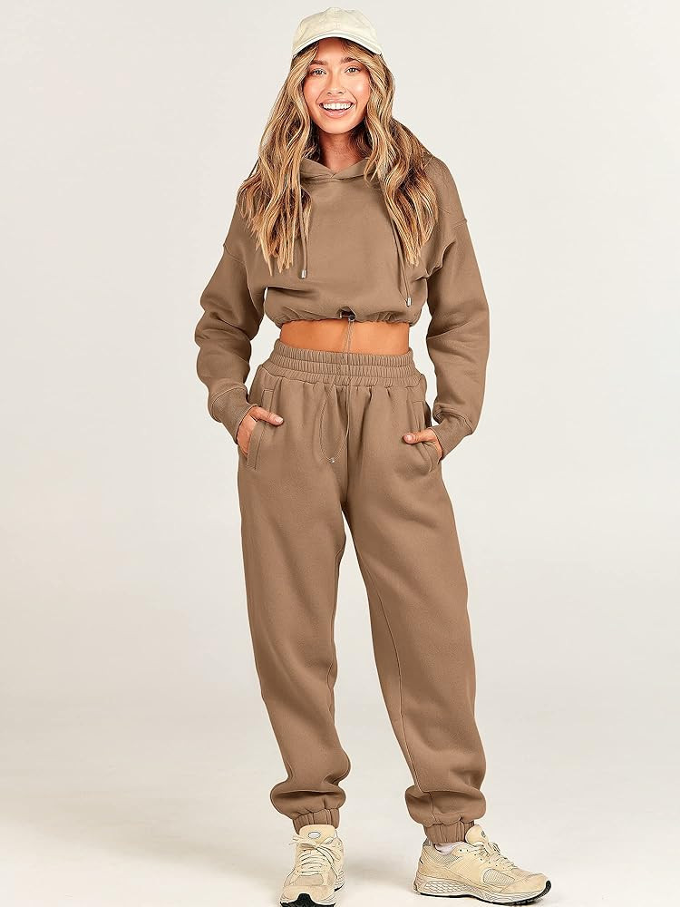 Prinbara Women's 2023 Fall Two Piece Outfit Long Sleeve Oversized Cropped Hoodie Long Pants Tracksui | Amazon (US)