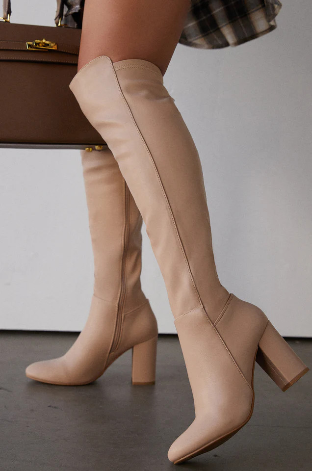 Miss Lola | Nude Knee High Block Heel Boots | MISS LOLA