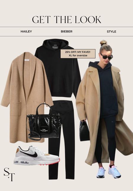 Fall looks with camel coat, Corrigan, leggings and oversize hoodie 