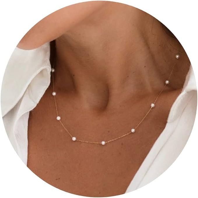 Awvialy Pearl Necklaces for Women, Dainty Gold Necklace 14k Gold Plated Handmade Pearl Choker Nec... | Amazon (US)
