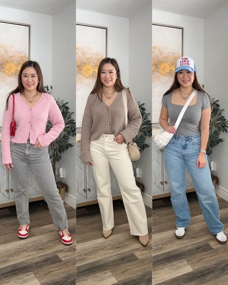 Abercrombie Viral Denim Outfits
Pink Cardigan: Medium
Ultra High Rise 90s Straight Jean: 28S
Taupe Cardigan: Medium
High Right 90s Relaxed Jean: 28R
Grey Bodysuit: Medium
High Rise Loose Jeans: 28R
