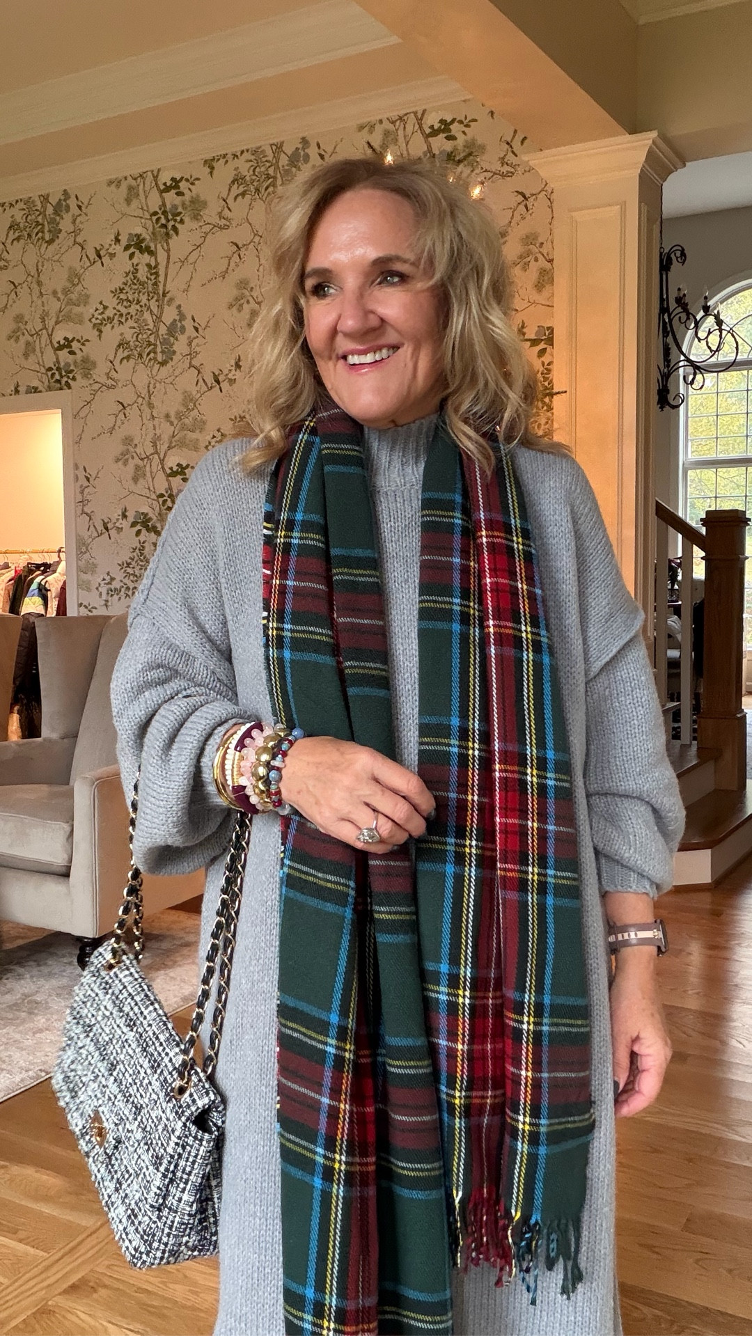 Dress runs really big. Wearing a small 
Amazon sweater dress 
Plaid scarf 
Tall boots 

#LTKFindsUnder50 #LTKOver40 #LTKHoliday