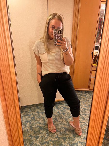 Comfortable outfit from Amazon. 

Amazon finds, Amazon outfit, black joggers, nude sandals 