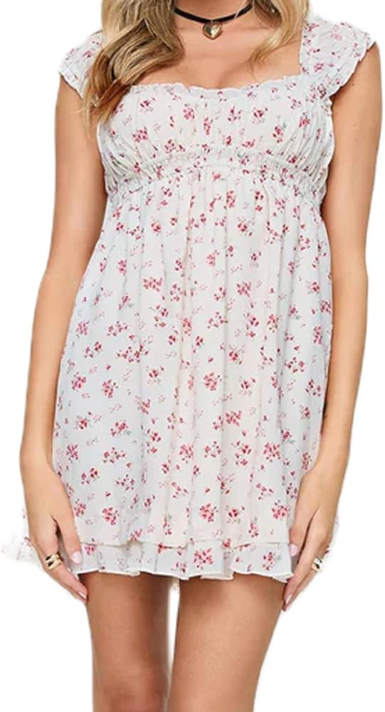 NUFIWI Y2K Ruffle Hem Babydoll Mini Dresses Square Neck Spaghetti Strap Short Dresses Boho Flowy ... | Amazon (US)