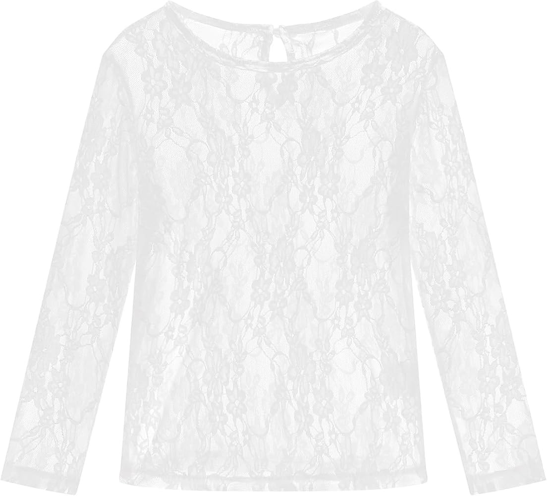 Noomelfish Girls Lace Layering Tops Sheer Mesh Tee Shirts Blouse (5-12 Years) | Amazon (US)