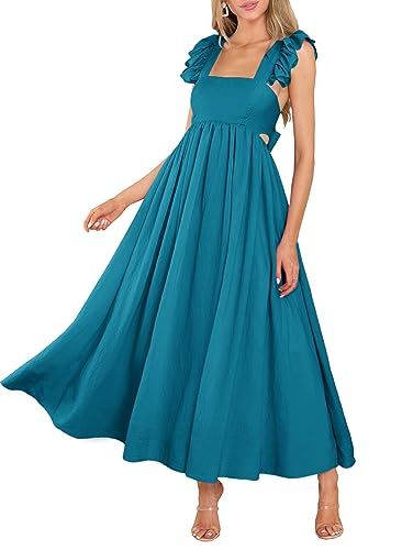 MITILLY Women's Summer Flutter Sleeve Square Neck Tie Back Casual Pleated A-Line Flowy Maxi Dress... | Amazon (US)