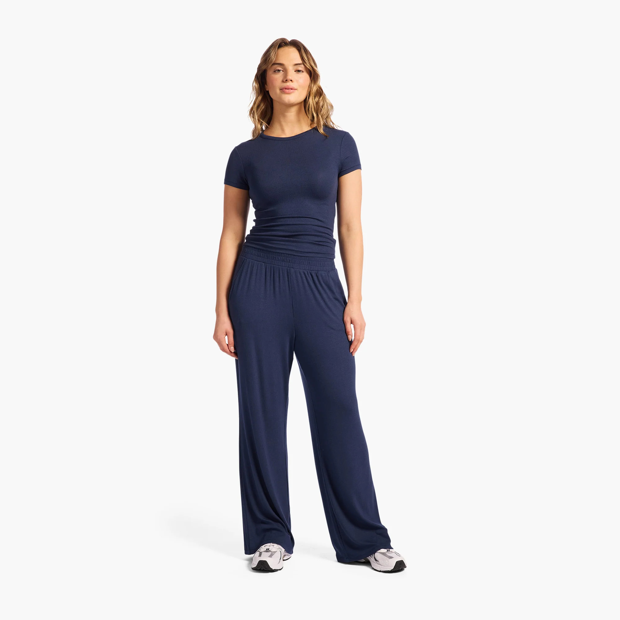 Slinky Rib Wide Leg Pant | Navy | Nuuds US
