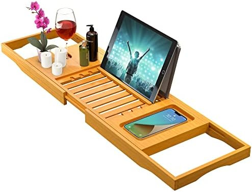 Bamboo Bathtub Tray Caddy - Expandable Bath Tray - Adjustable Organizer Tray for Bathroom - Luxur... | Amazon (US)