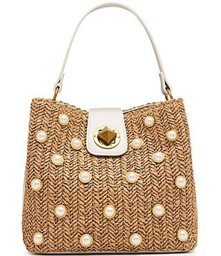 Betsey Johnson Raffia Pearl Turn Lock Bucket Bag - Natural | Dillard's