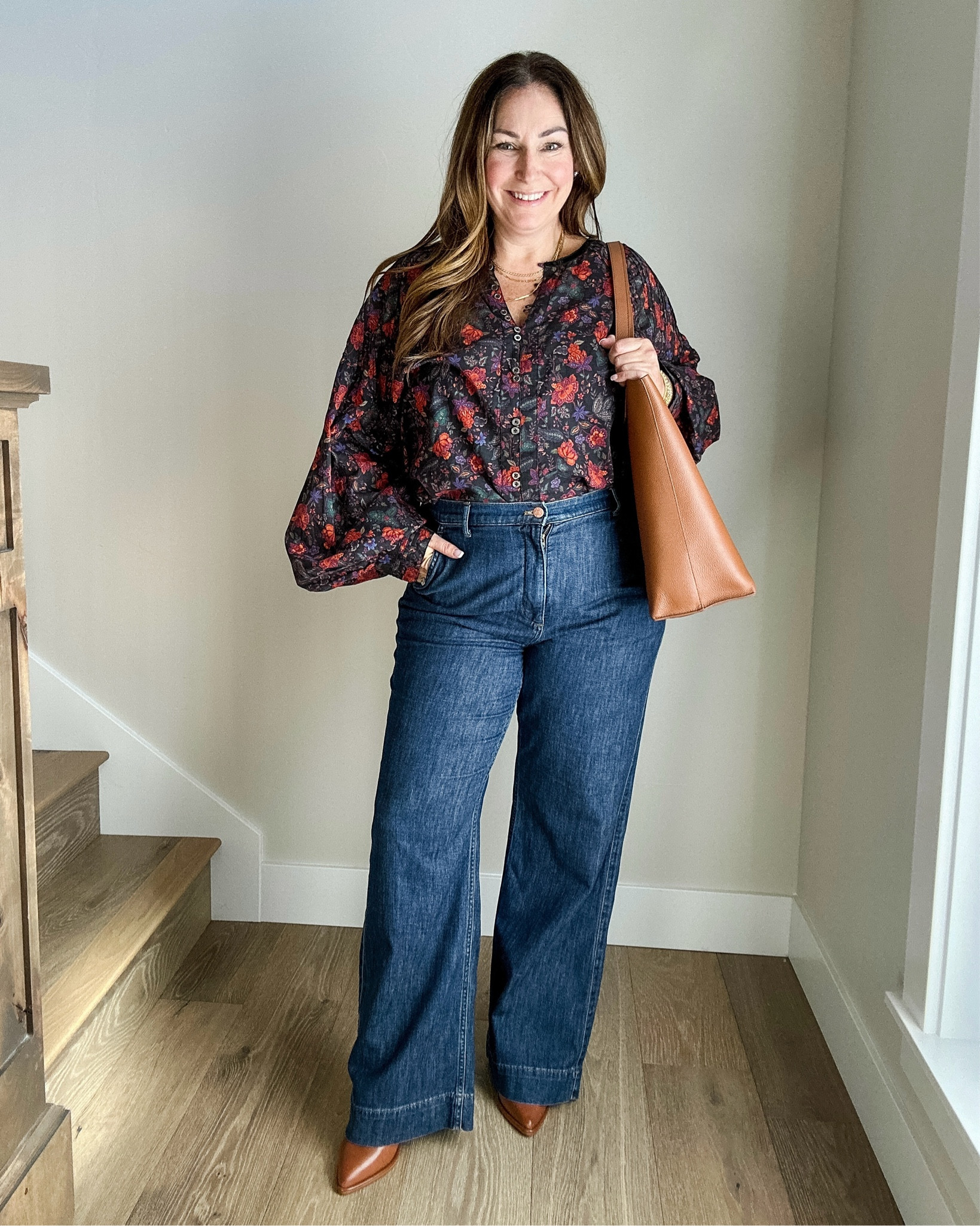 Everyday Fall Outfit with Jeans and printed floral blouse

Fall Blouse, Midsize Jeans, wide leg jeans, fall outfit, midsize style, outfit with boots, button up top, tote bag, TheRecruiterMom

#LTKSeasonal #LTKStyleTip #LTKMidsize