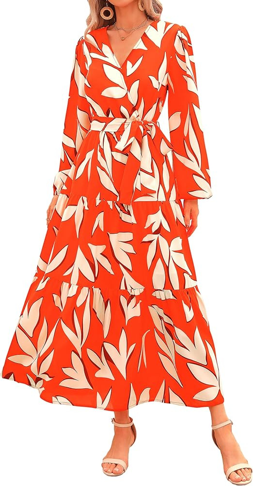 PRETTYGARDEN Womens Fall Long Sleeve Wrap V Neck Ruffle Floral Maxi Dress Casual Tie Waist Boho C... | Amazon (US)