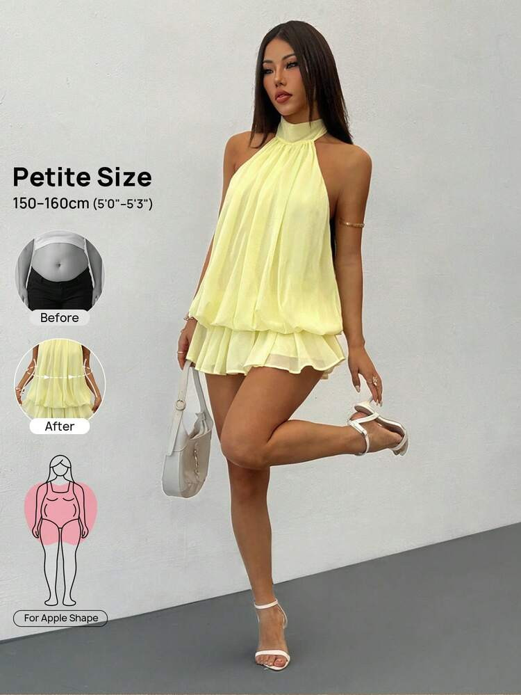 Vivamere Women's Elegant Pale Yellow Halter Tie Mini Dress,Summer Tropical Flowy Babydoll Short D... | SHEIN