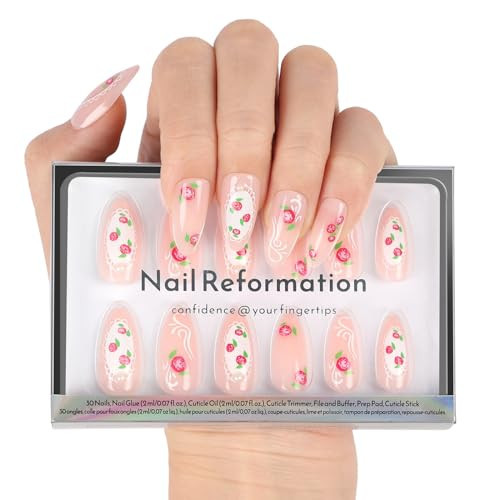 Nail Reformation Press On Nails, Pink Roses Medium Almond Fake Nails with Lace & Pearl on Nude Base in Glossy Finish, Reusable Stick On Nails in 15 Sizes - 30 Nail Kit, Manicure Gifts for Women | Amazon (US)