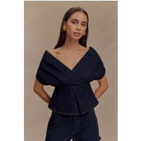Rayne Off Shoulder Denim Top - Indigo Blue I MESHKI I Size S | MESHKI US