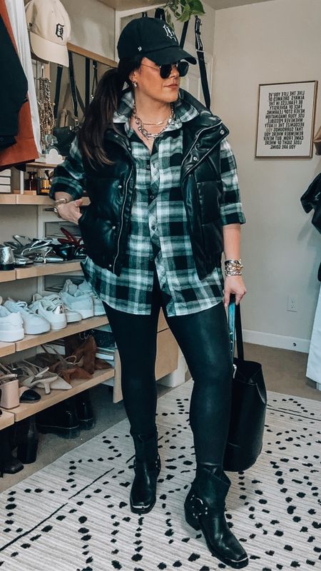 Midsize fall outfit idea - flannel plaid button down top wearing an xl (it has pockets)
Faux leather leggings are a 1x petite (size up one) I am 5’6 for reference! CODE: TARYNTRULYXSPANX 
Moto boots 
Faux leather puffer vest
Bucket bag
Mixed metal accessories 

#LTKmidsize #LTKSeasonal #LTKstyletip