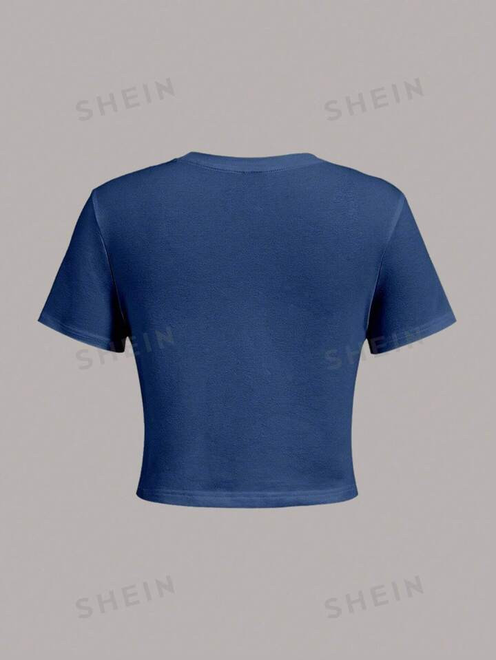 SHEIN EZwear Casual And Simple Size 14 Print Tight Fitting Blue Round Neck Short Sleeve Women's T... | SHEIN
