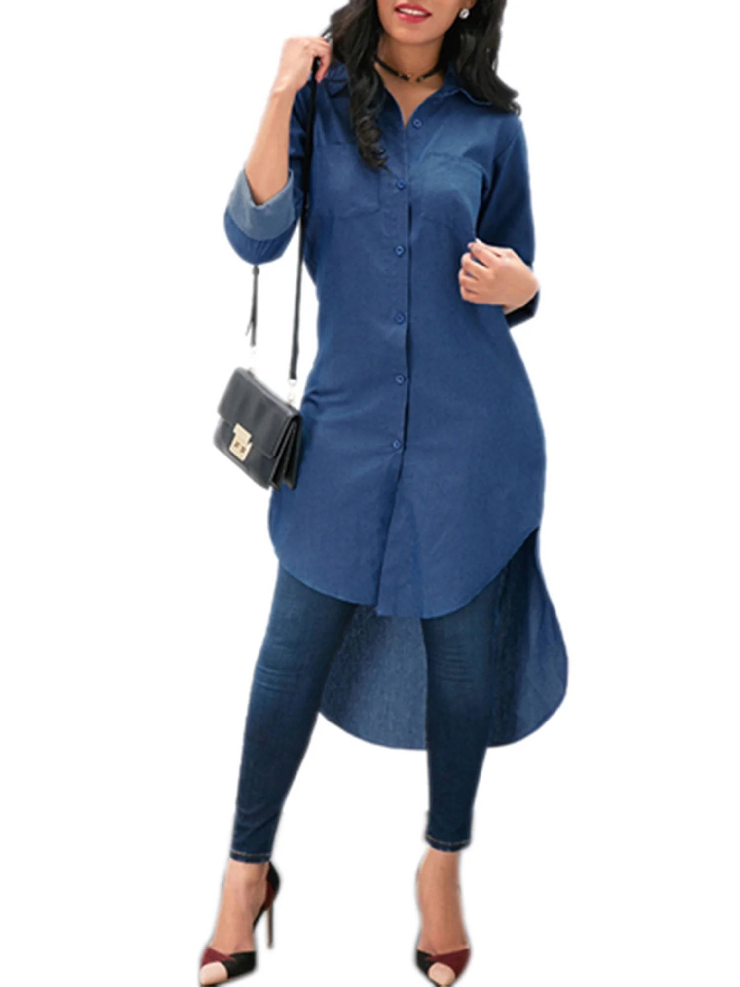 Denim Jeans Dresses for Women Buttons Boyfriend Shirt Mini Dress Baggy Lapel V Neck Casual Loose ... | Walmart (US)