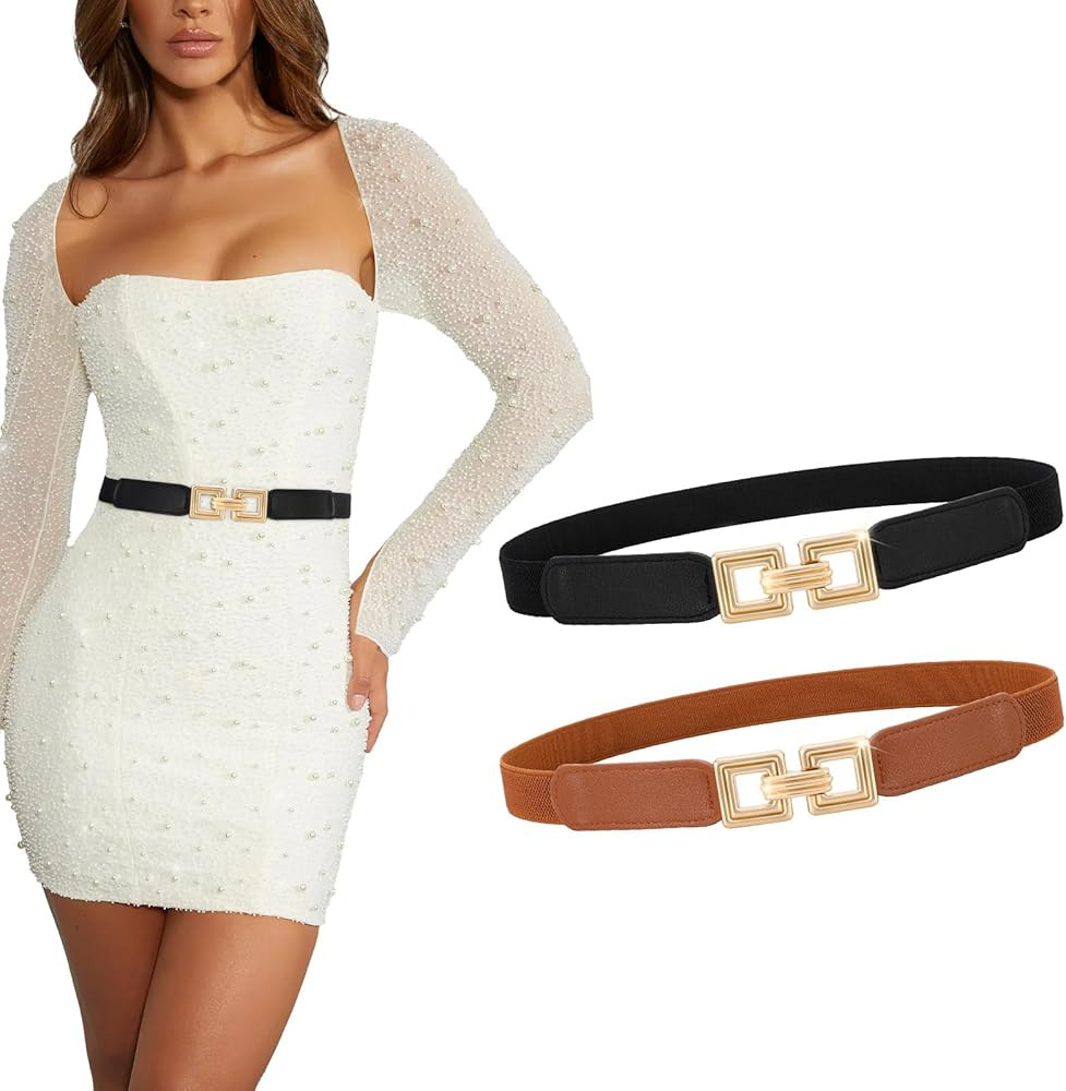 XZQTIVE 2 Pack Women Skinny Stretchy Cinch Belt for Dresses, Thin Elastic Belt Ladies Waist Belt ... | Amazon (US)