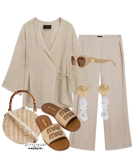 Linen co-ord set, kimono, linen trousers, matching set, Miu Miu sandals, celine sunglasses, gold pearl earrings, rattan bag.
Summer outfit, holiday outfit, vacation outfit.

#LTKsummer #LTKstyletip #LTKshoes