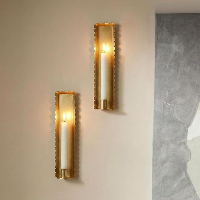 AimtoHome Gold Wall Candle Sconces Set of 2, Scalloped Edge Box-Shaped Cast Iron Farmhouse Church... | Amazon (US)