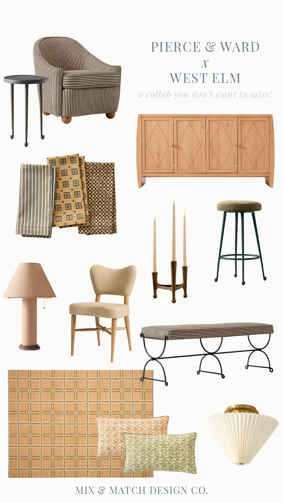 This collab stopped me in my tracks. Y’all have GOT to check out the Pierce & Ward + West Elm collection! It’s high design at a very reasonable price point. The details are unreal. I mean, just look at the little ball feet on the chair or the perforated doors on the sideboard! It has me itching to use some of these pieces in client projects, so if this style speaks to you, let’s get in touch! I’d love to design a room with you  