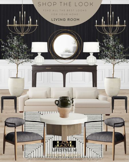 Black modern transitional living room design idea. Round white top coffee table, white sectional sofa, black end table, wood black upholstered chair, white black stripe rug, table vase, black console table, tree planter pot, realistic olive tree, white table lamp, brass round mirror, brass chandelier, black wall panels.

#LTKstyletip #LTKFind #LTKhome