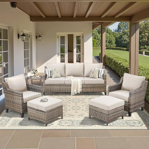 AMCLOBA Buenhomino Outdoor Patio Furniture Set-PE Wicker Sofa Couch with Ottomans Comfy Cushions, All Weather High Back Patio Conversation Set for Porch Deck Balcony Garden Grey/Beige | Amazon (US)
