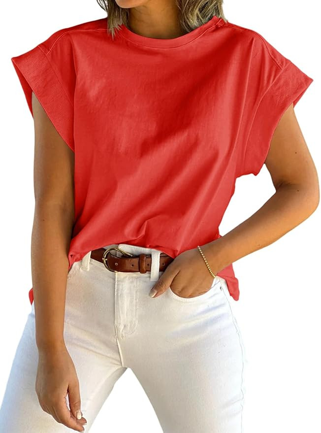 Tankaneo Womens Summer Cap Sleeve Tank Top Crew Neck Solid Casual Loose Fit Basic Tee Shirt | Amazon (US)