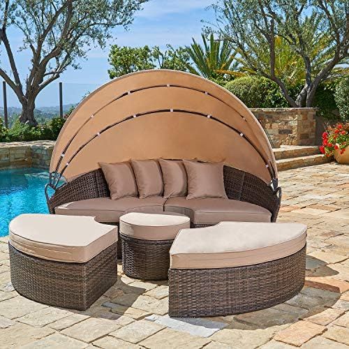 SUNCROWN Outdoor Patio Round Daybed with Retractable Canopy, Brown Wicker Furniture Clamshell Sectio | Amazon (US)