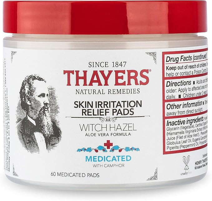 THAYERS Medicated Aloe Vera Topical Pain Relief Pads, Clear/White, Witch Hazel, 60 Count | Amazon (US)