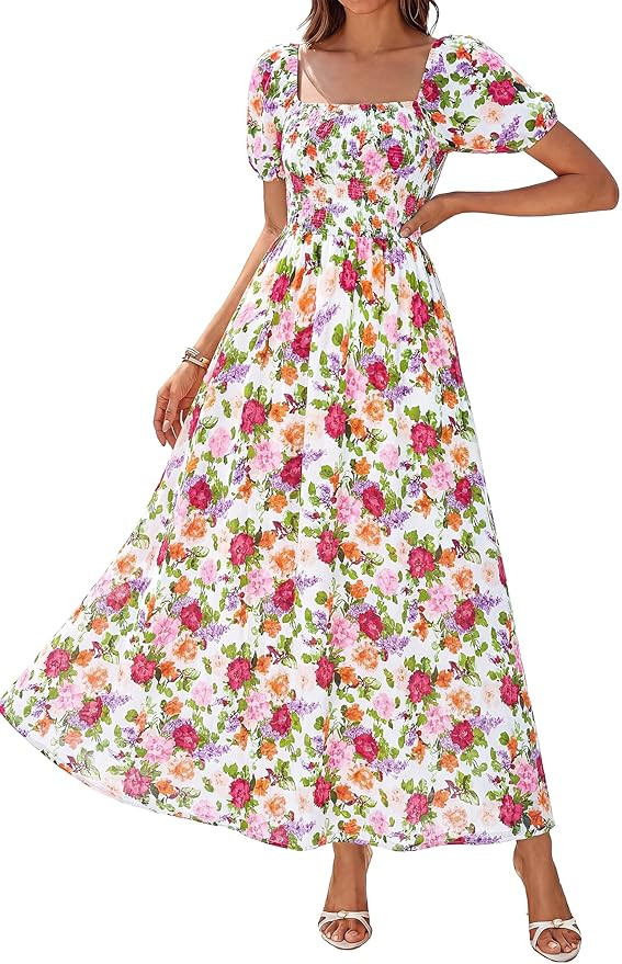 BTFBM Spring Summer Dresses for Women 2026 Puff Short Sleeve Smocked Floral Print Boho Beach Wedd... | Amazon (US)
