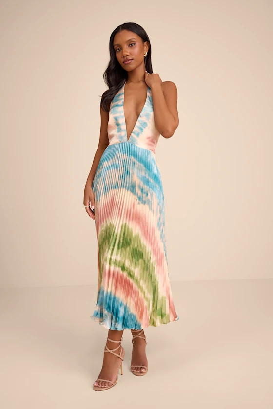 Rhoda Blush Multi Tie-Dye Satin Halter Midi Dress | Lulus