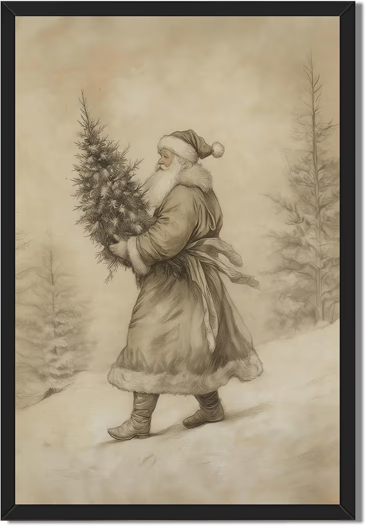 Yermidi Vintage Christmas Wall Art Neutral Sketch Santa Claus Holding Tree Poster Farmhouse Chris... | Amazon (US)