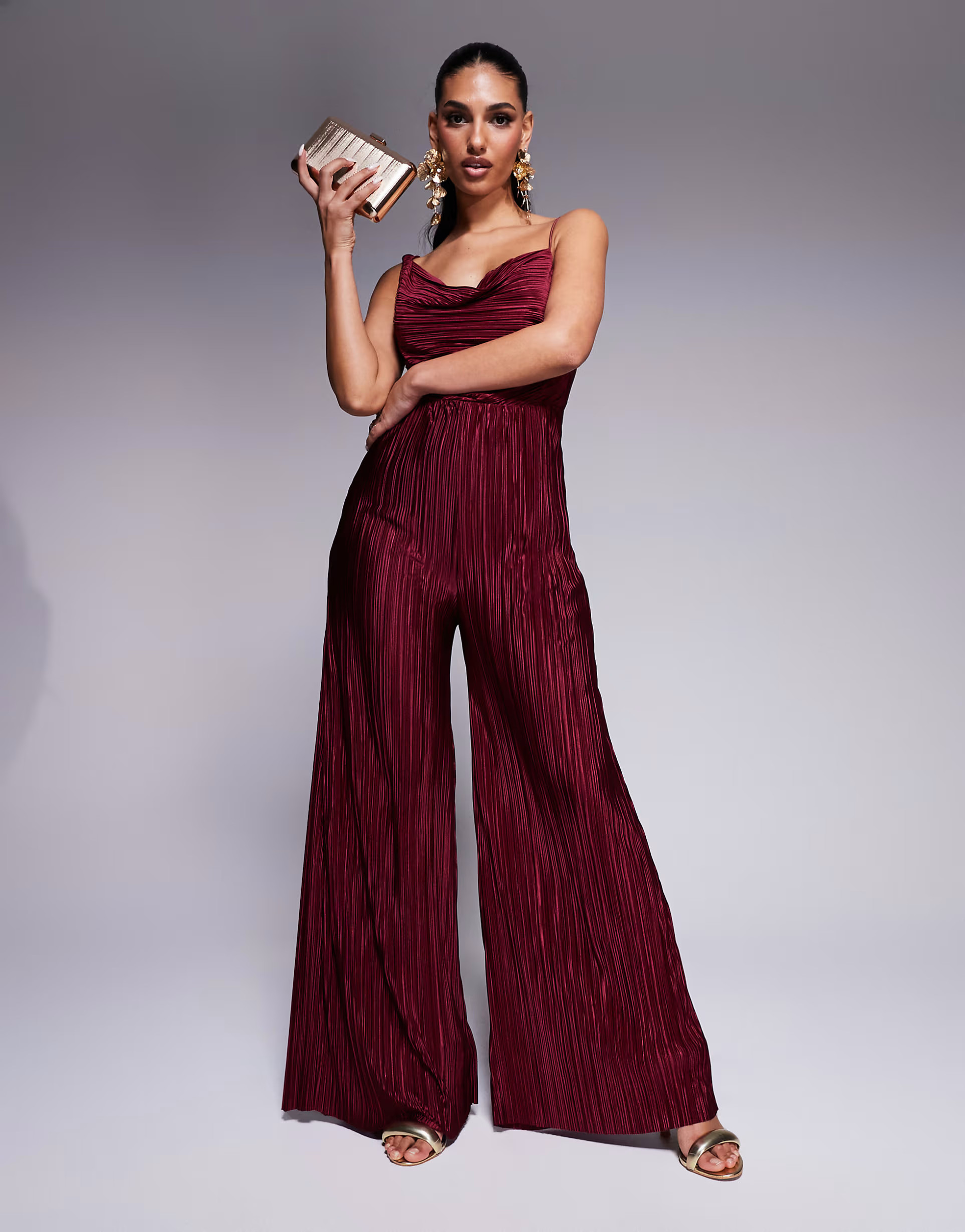 ASOS DESIGN plisse asymmetric drape cami jumpsuit in burgundy | ASOS (Global)