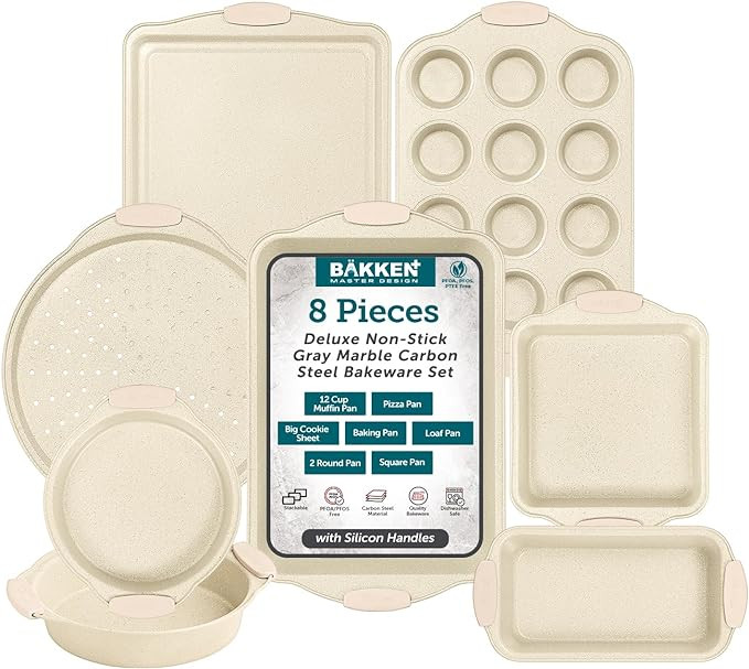 BAKKEN Deluxe 8-Piece Carbon Steel Bakeware Set - Nonstick White Marble Coating, Silicone Handles... | Amazon (US)