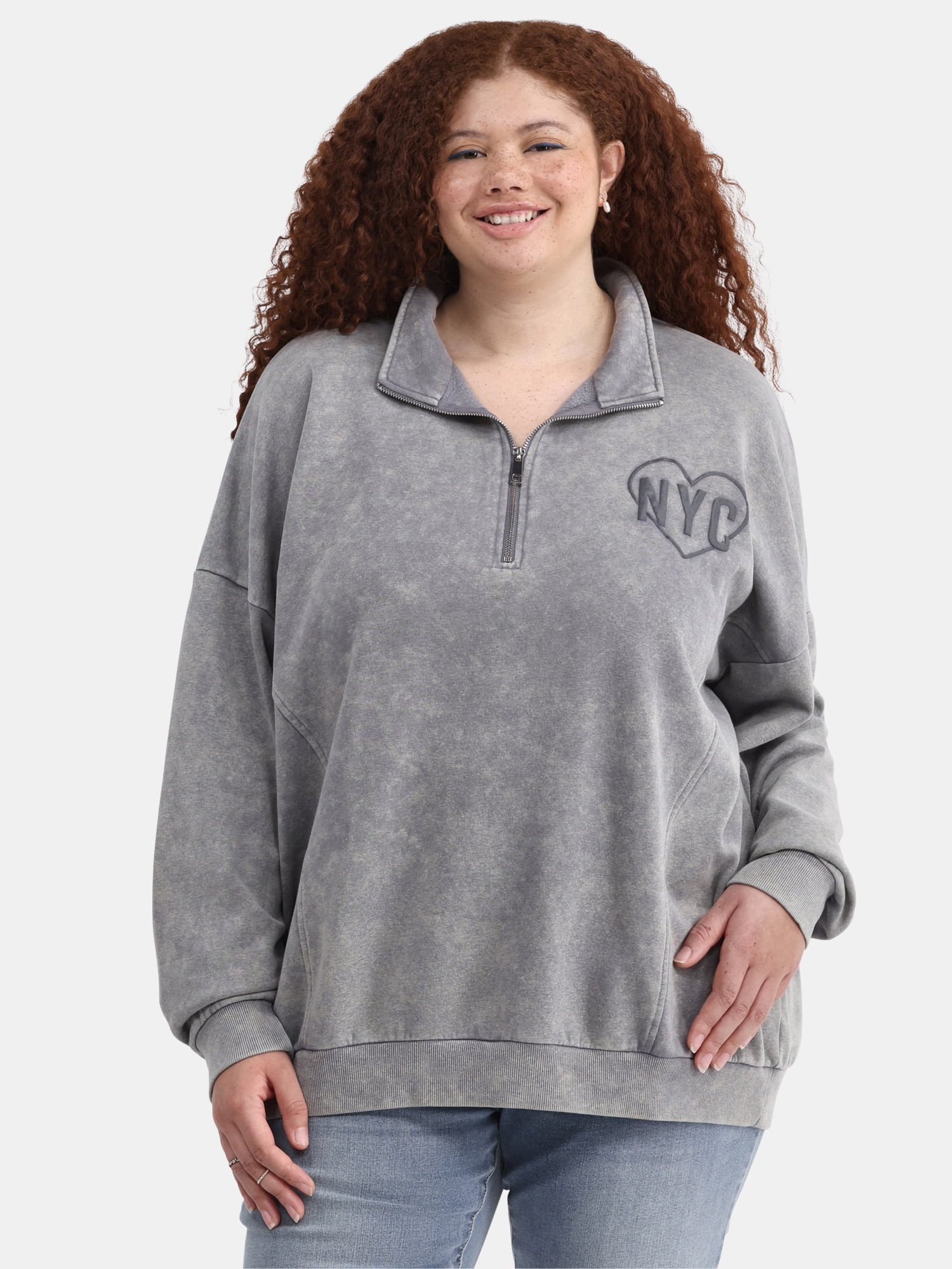 No Boundaries Quarter Zip Graphic Sweatshirt, Lightweight, Women's Plus | Walmart (US)