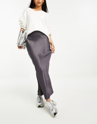 Stradivarius satin midi slip skirt in charcoal | ASOS (Global)