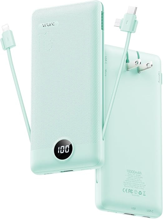 VRURC Portable Charger Built-in Cables and AC Wall Plug, USB C Power Bank 10000mAh, Travel Batter... | Amazon (US)