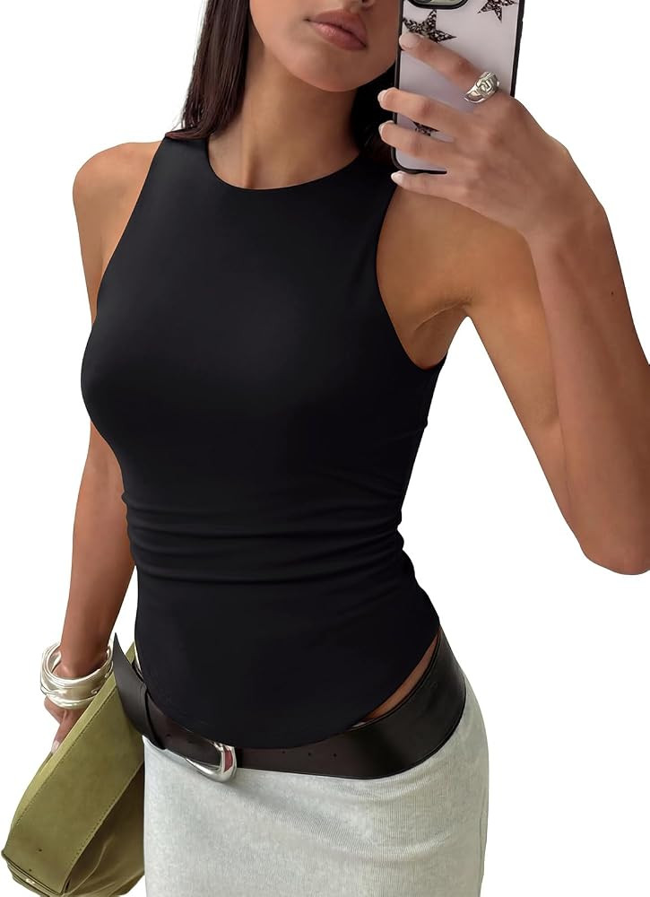 REORIA Womens High Neck Sleeveless Tank Tops Racerback Double Lined Basic Tops Summer Fitted Goin... | Amazon (US)