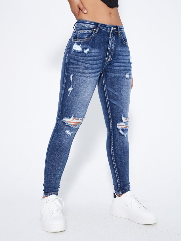 Ripped Moustache Effect Skinny Jeans | SHEIN