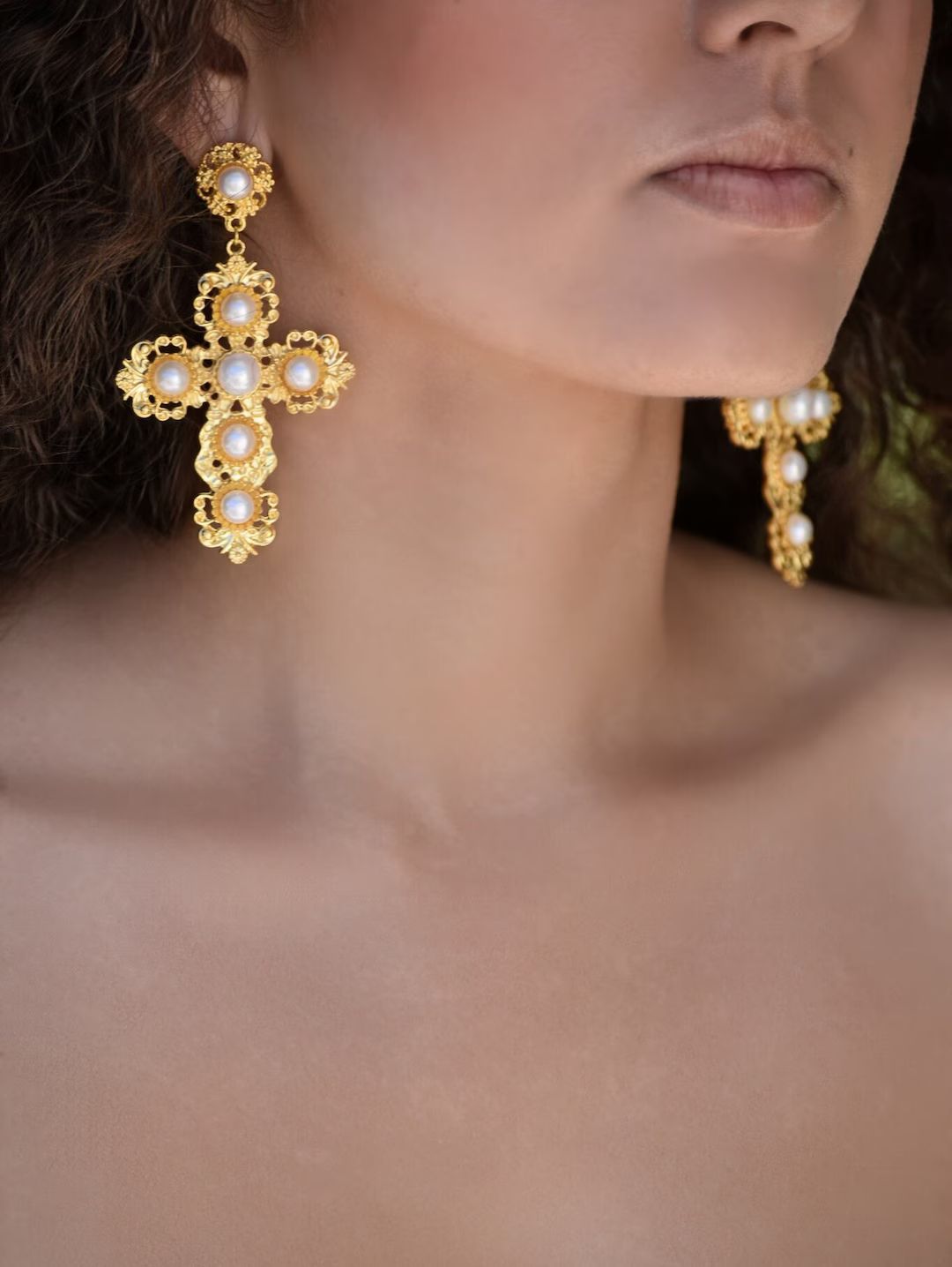 Statement Oversized Gold Freshwater Pearl Cross Earrings | Etsy (US)