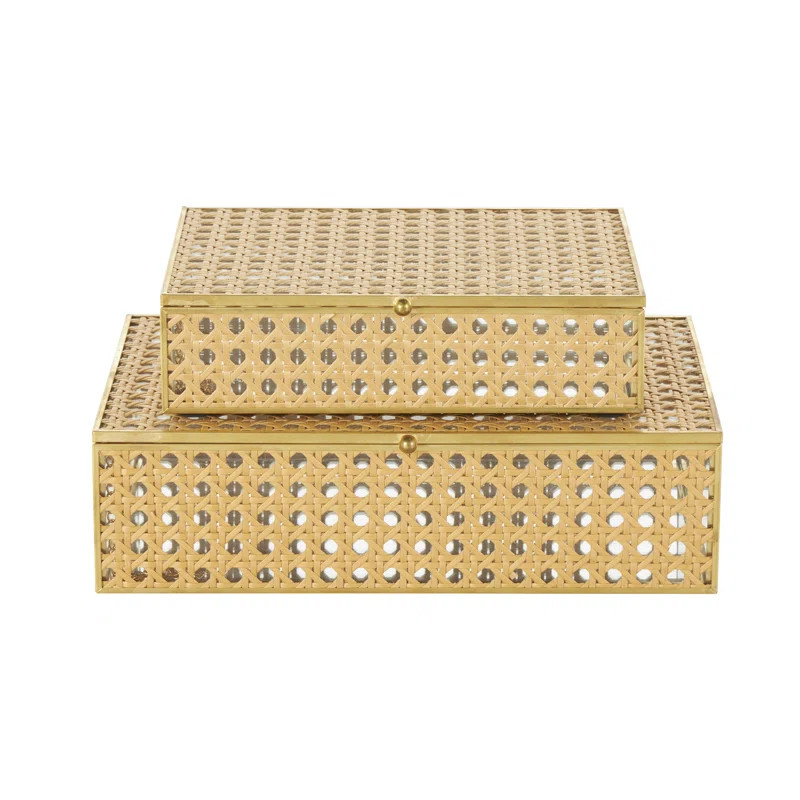 Rattan Woven Decorative Brown Jewelry Box with Glass Panels and Chain Accent Set (Set of 2) | Wayfair North America