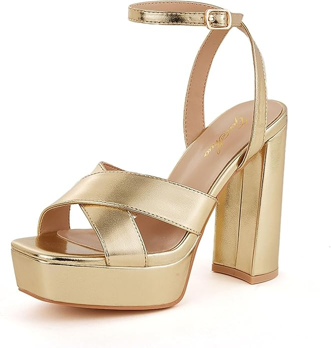 GENSHUO Women's Platform Chunky Heel Sandals 4.7 Inches Open Square Toe Heels with Ankle Strap Dr... | Amazon (US)